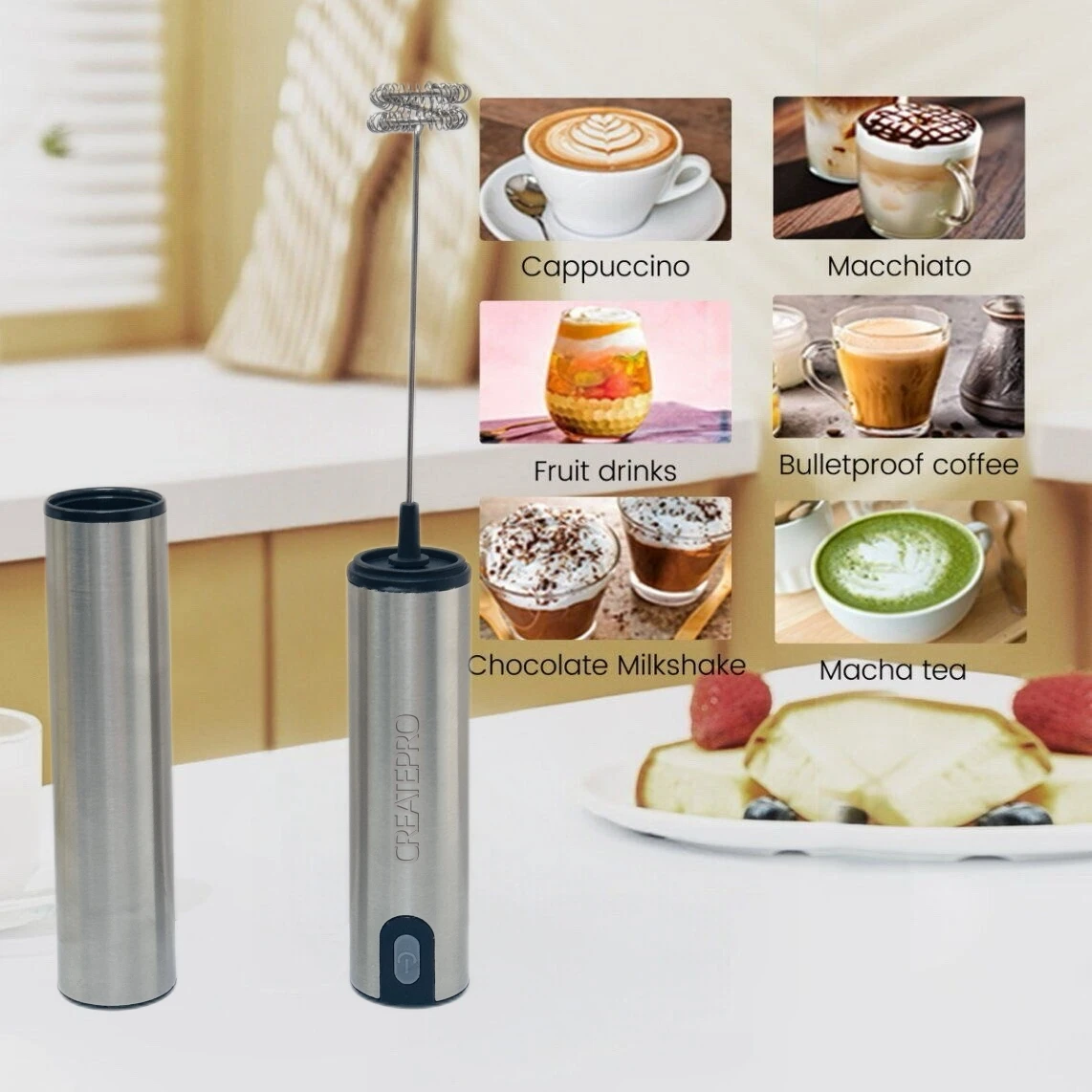 Stainless Steel USB Rechargeable Handheld Milk Frother with Storage Lid