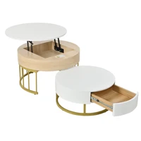 Comanlai Ensemble de 2 tables basses rondes pliables, table d'appoint réglable en hauteur, avec plateau relevable et tiroir, espace de rangement caché 7