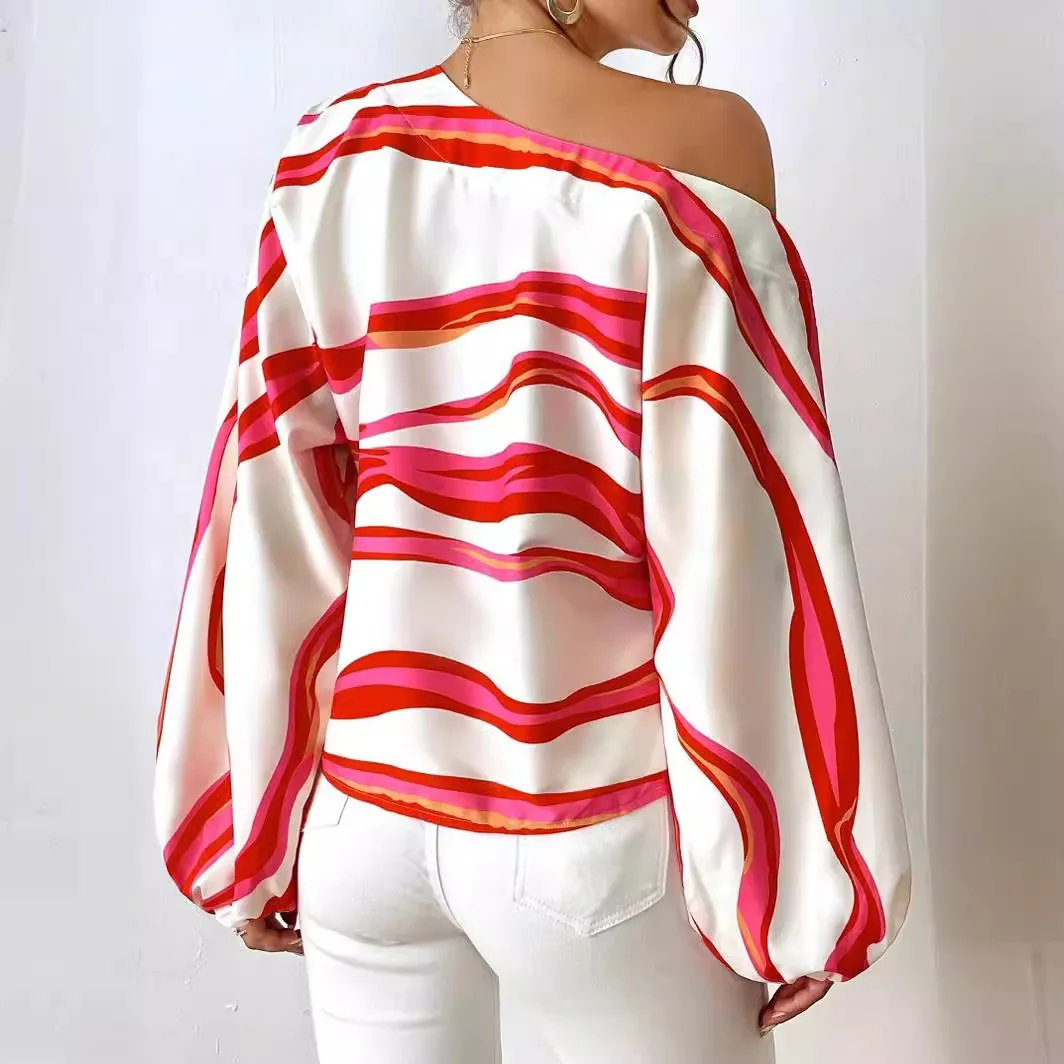 Women's Off Shoulder Long Sleeve Graphic Print Tunic Tops Loose Casual Oversized Shirts Blouse Boat Neck Blouse