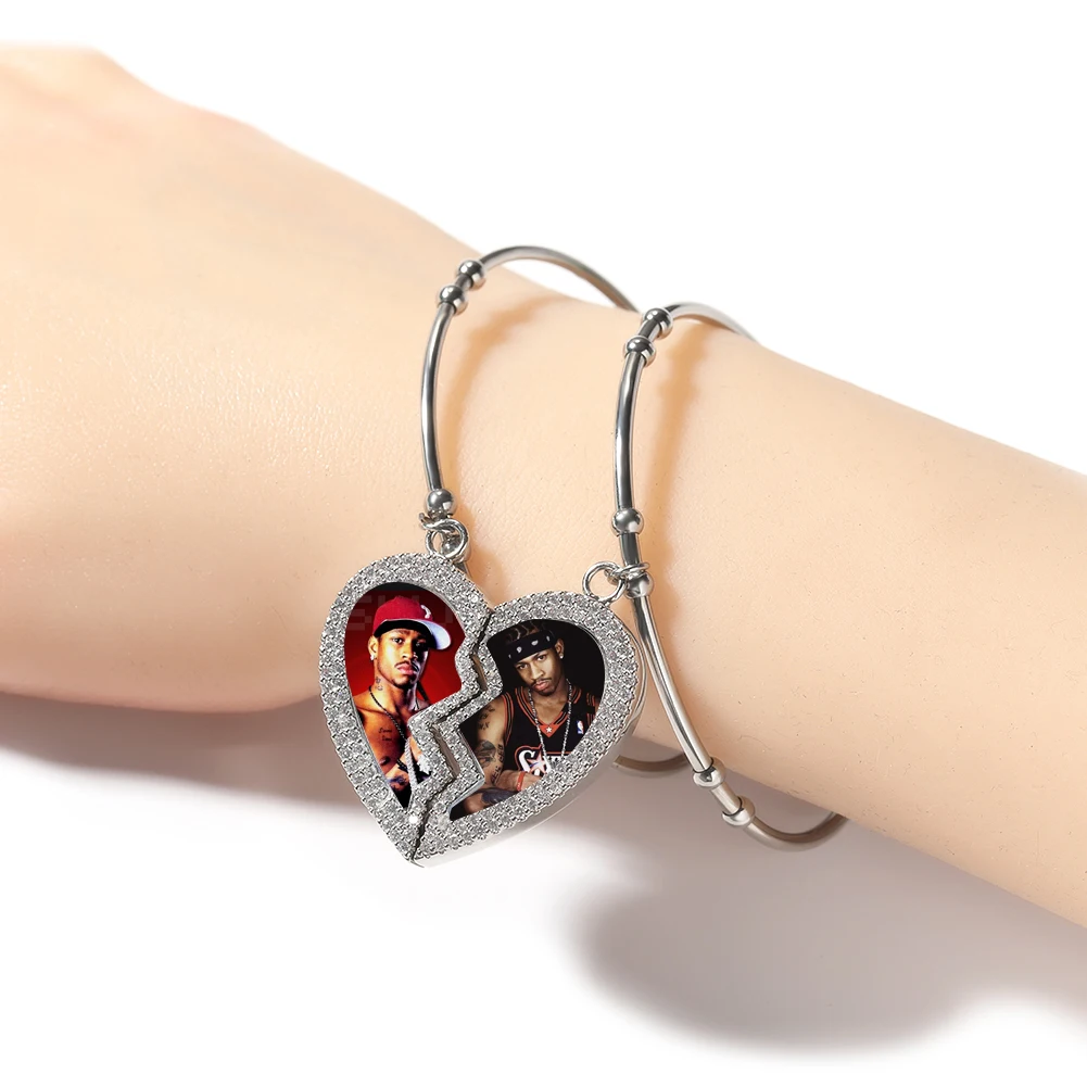 THE BLING KING Stainless Steel Cuff Bangle DIY Broken Heart Magnetic Photo Pendant Two Pictures Iced Out CZ Family Lover's Gift