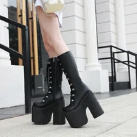 Gdgydh Women's Y2K Side Zipper Platform Boots Knee High Motorcycle Boots Black Closed Toe Lace Up Long Boots - Image 2