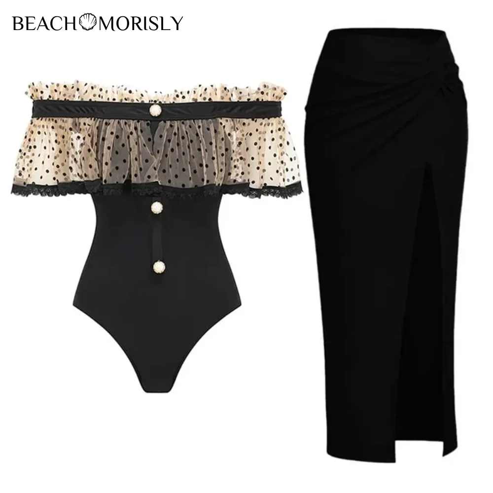 2024 New Off Shoulder Ruffle Dot Printed  One Piece Swimsuit and Sarong Vacation Swimwear Women Beachwear Bathing Suit