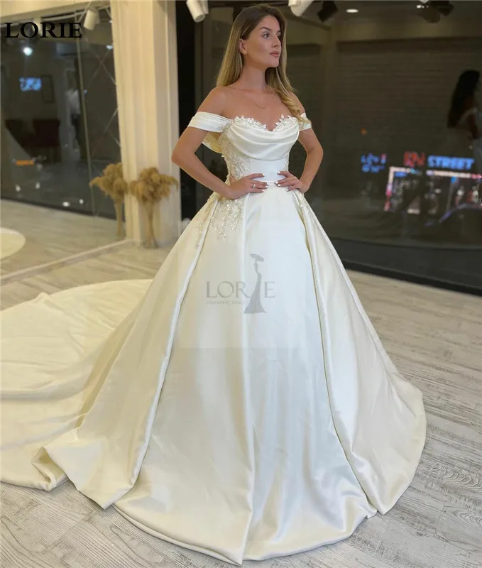 LORIE Princess Wedding Dress A Line Off The Shoulder Satin Elegant Lace Bride Dresses Ball Gowns Pleat Women Wedding Party Dress 3