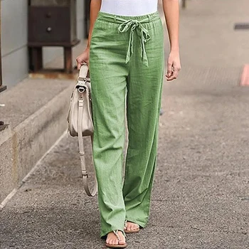 2024 pantaloni di lino in cotone da donna moda estiva pantaloni dritti larghi in vita elastica pantaloni casual alla caviglia in tinta unita femminile 1