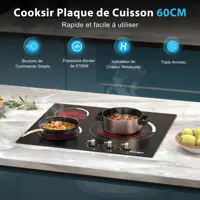 Cooksir Plauqe Vitrocéramique 3 Feux avec Boutons, Encastrable 60CM Table de Cuisson, Anneaux Intérieur et Extérieur, Chauffage Infrarouge, Überhitzungsschutz, Built-in, Sans Prise, 240V 3