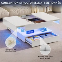 Table basse haute brillance avec LED, table de salon rectangulaire moderne avec 2 tiroirs, table à café avec rangement, coffee table pour salonn, chambre à coucher, blanc/noir 6