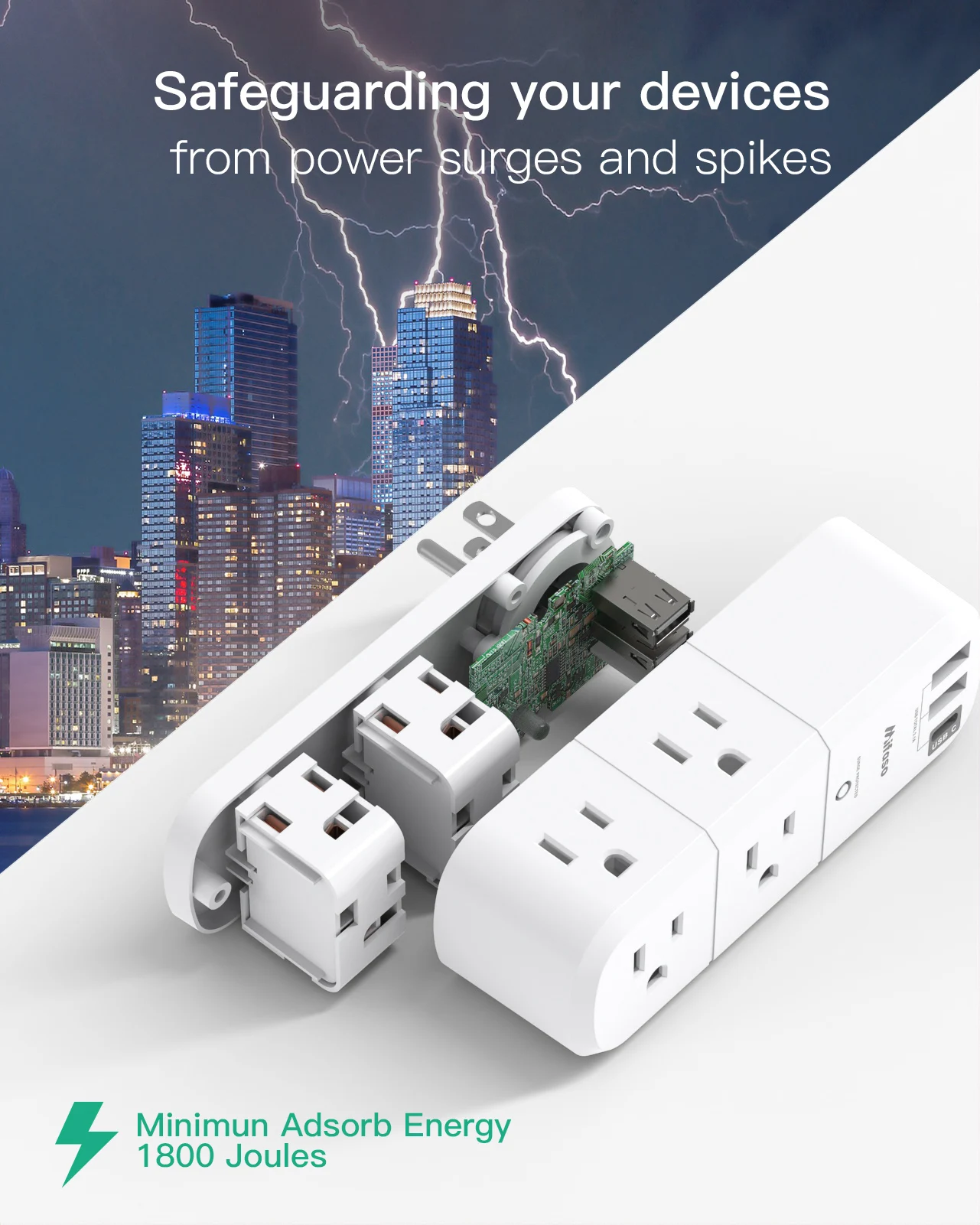 2 Pack USB Outlet Extender Surge Protector-with Rotating Plug, 6 AC Multi Plug and 3 USB Ports (1 C), 1800 Joules