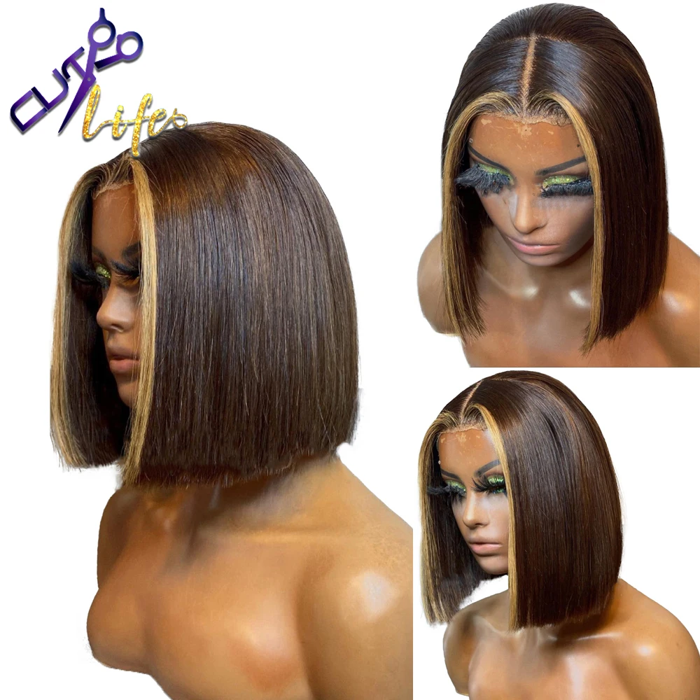 Short Bob Blunt Wig 13x4 Lace Front Wig Brazilian Human Hair 13x6 Lace Frontal Highlight Brown 4x4 Closure