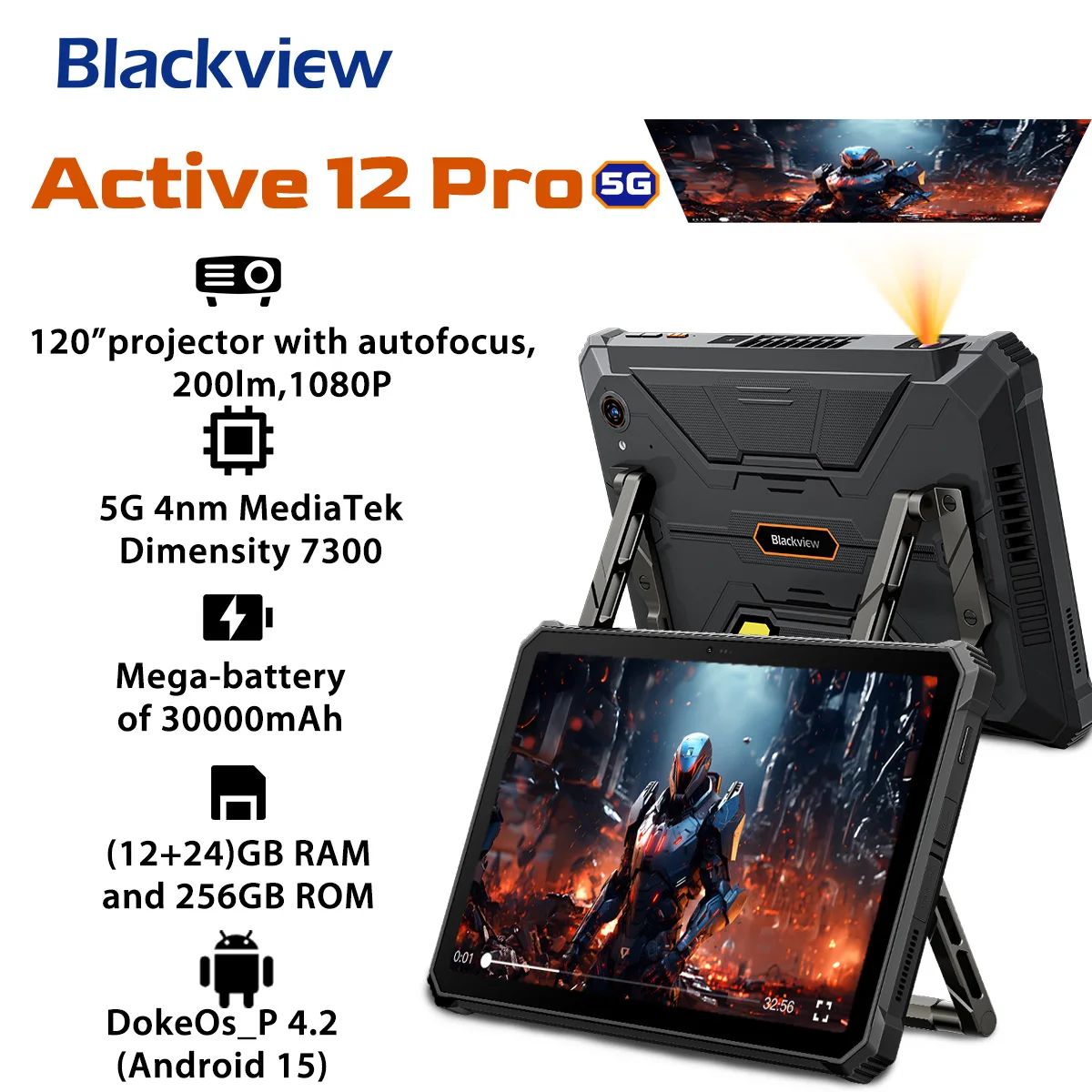 Blackview Active 12 Pro Rugged Projector Tablet,11'' Pad Android