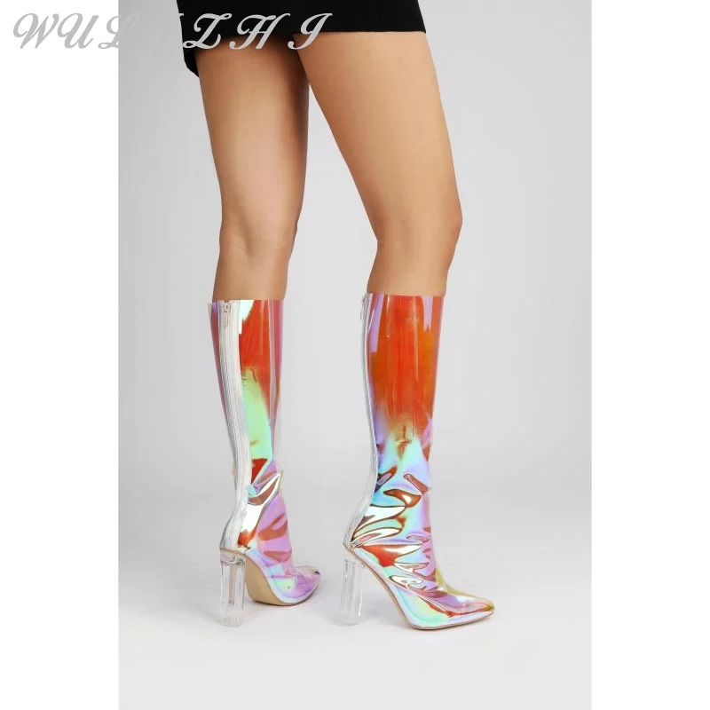 Fashion Transparent Knee High Boots Pvc Spring New Women's Back Zipper Modern Boots Pointed Toe Thick Heel Waterproof Botas