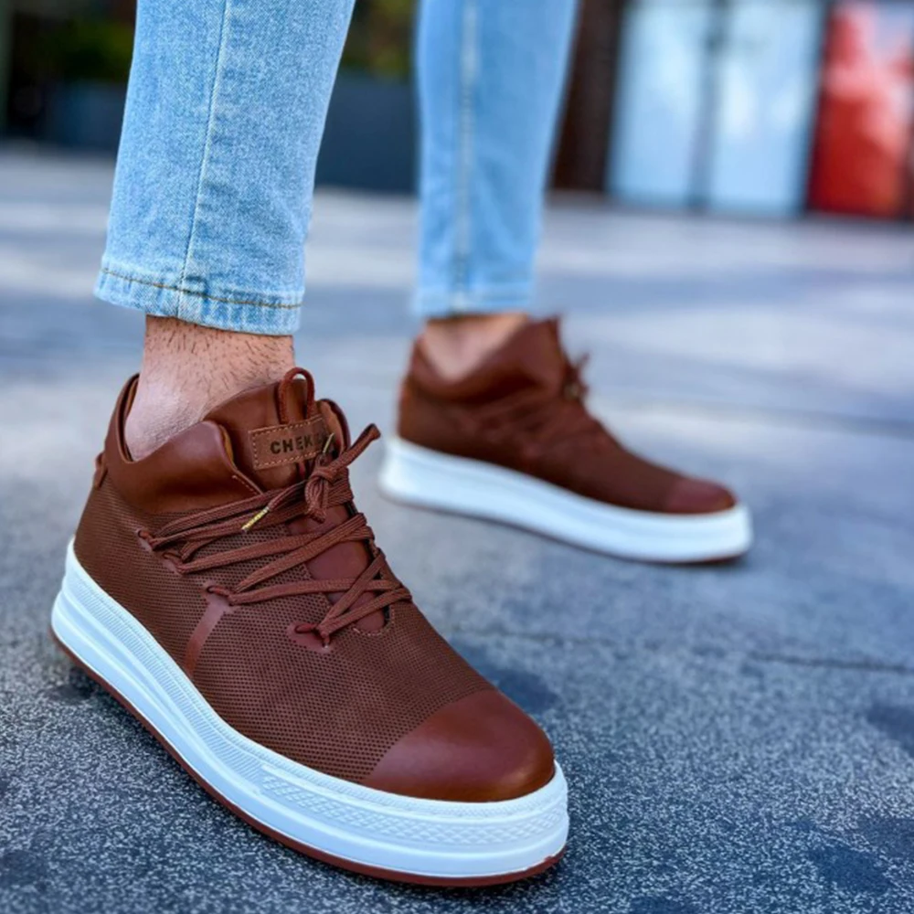 

FOH Store Sneakers for Men TAN Artificial Leather 2023 Spring Autumn Casual Lace Up Fashion Shoes High Base Sport Comfortable Light Vulcanized Daily Original Canvas Odorless Orthopedic Suits Office Wedding 219