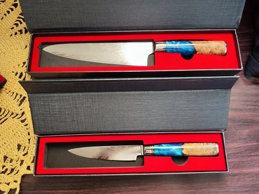 Blue Resin Damascus Chef Knives photo review