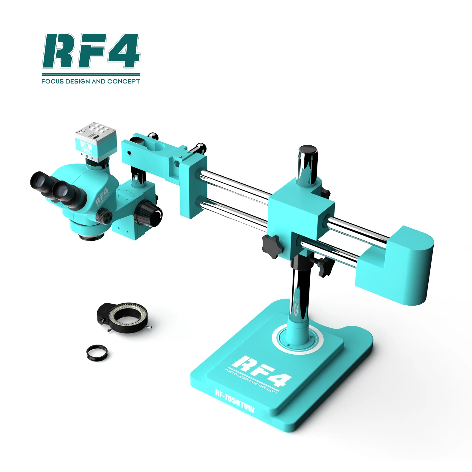 RF4 7 50X Triocular Zoom 2K Camera Microscope Boom Stand 360° Rotating