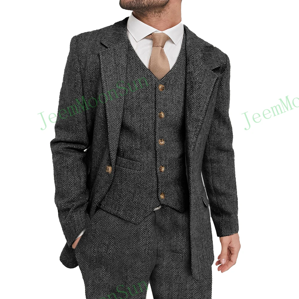 

Зимние мужские костюмы в елочку из черной шерсти 2023 твидовый смокинг для жениха деловой Официальный Мужской комплект из 3 предметов пиджак жилет брюки