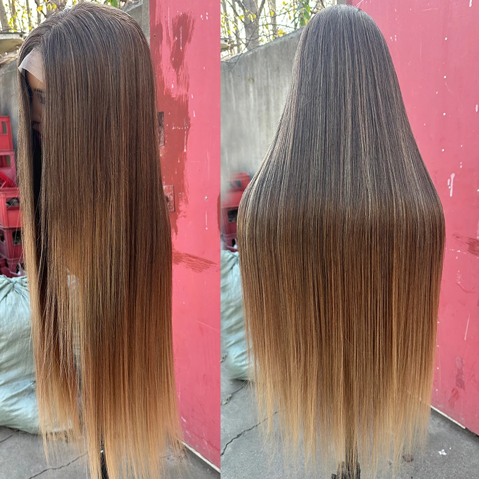 4X4 Straight Lace Front Synthetic Wig 36 Inch Long Ombre Brown Red Blonde Hightlight 220%density for Cosplay,synthetic wig