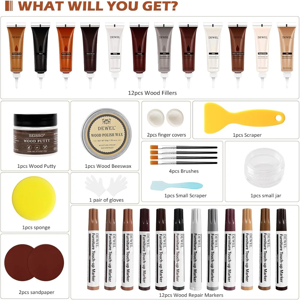 Wood Repair Kit 34Pcs Wood Furniture Repair Kit include 12Pcs Wood Filler and Touch Up Markers Putty and Polish Wax Scratch Repair Tool