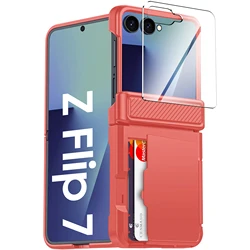 Elegant Card Holder Wallet with Built - In Screen Protector and Shockproof Rugged Case - Black - Galaxy Z Flip7 (Rose Red)