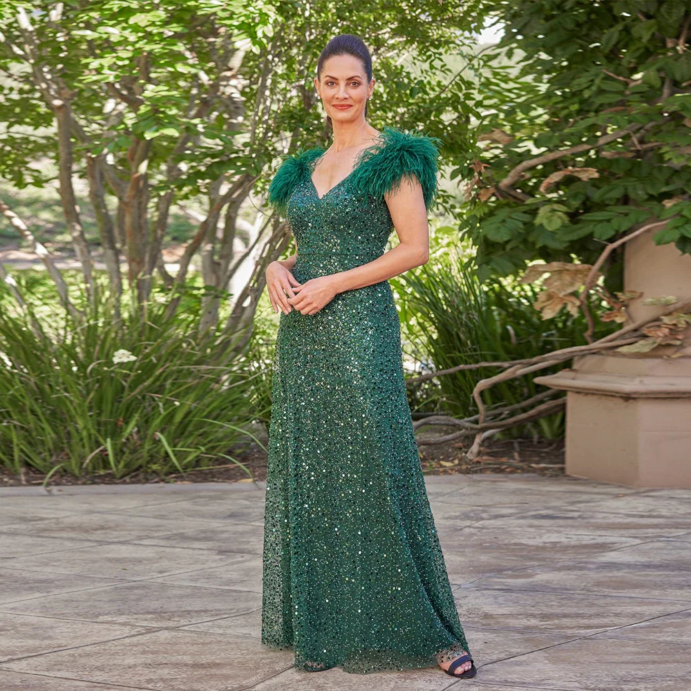 

15605# Shiny V Neck A-line Low Back Mother of Bride Dress With Sequined Lace Wedding Evening Prom Party Gown For Women