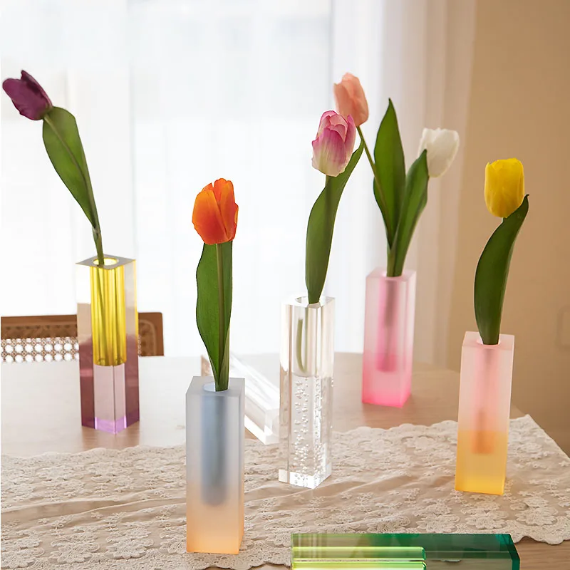 

Modern Rainbow Pillar Bud Vase Tabletop Glass Vases Luxury Decorative Acrylic Crystal Nordic Room Decoration Home