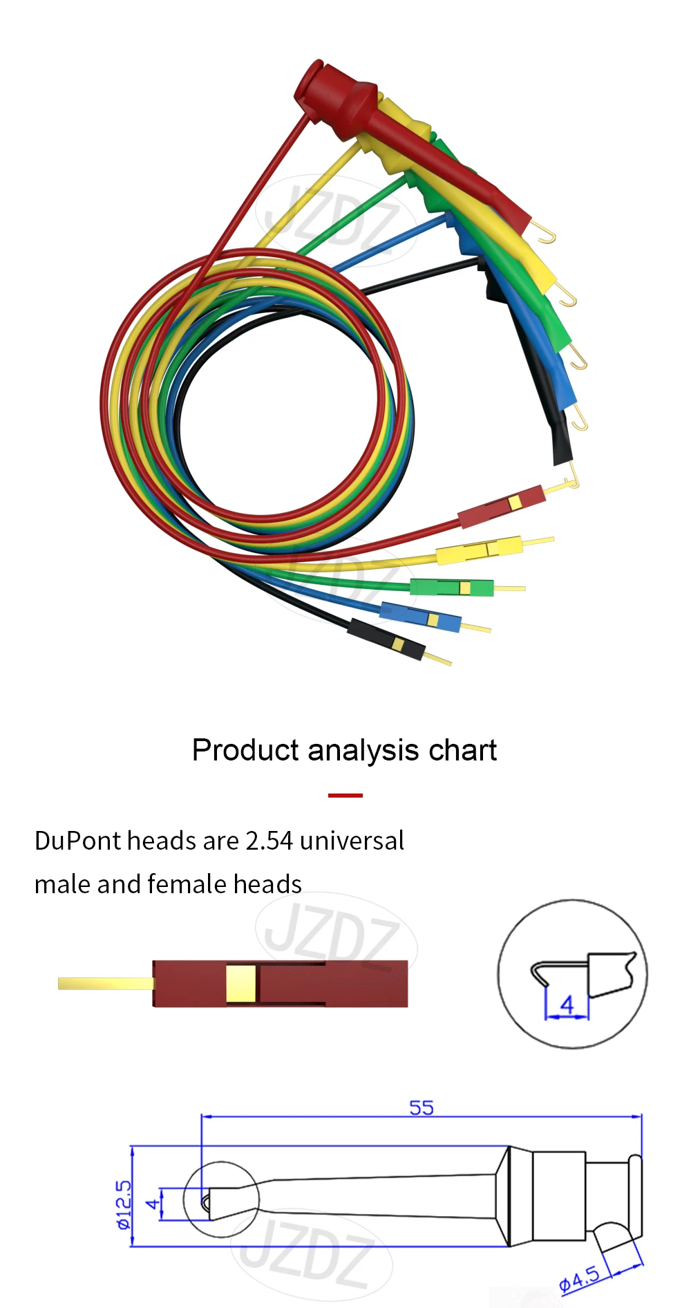 JZDZ Testhaken-Clips zum Steckbrett, männliche Überbrückungsdrähte, weiche, flexible Silikon-Messleitungen für elektrische Prüfung J70108 – Detail 1