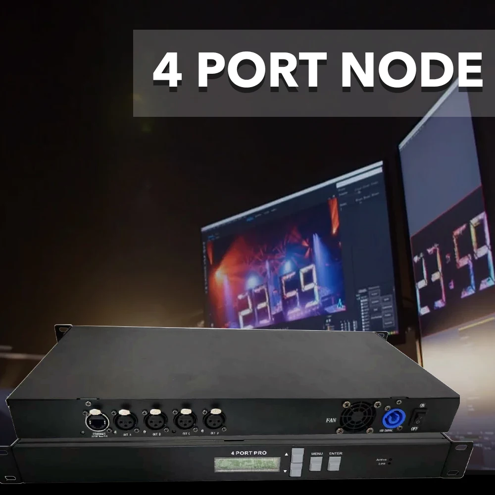 

4 Port Node onPC with 4 DMX outputs 2048 Channels LCD display combined with M.A2 Command wing Faber wing for parameter expansion