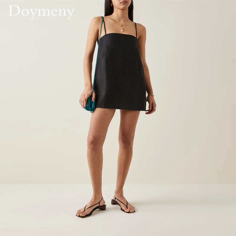 Doymeny 2023 Summer Black Babydoll Dress Mini Cocktail Dresses Spaghetti Strap Sexy Square Collar Backless Sleeveless