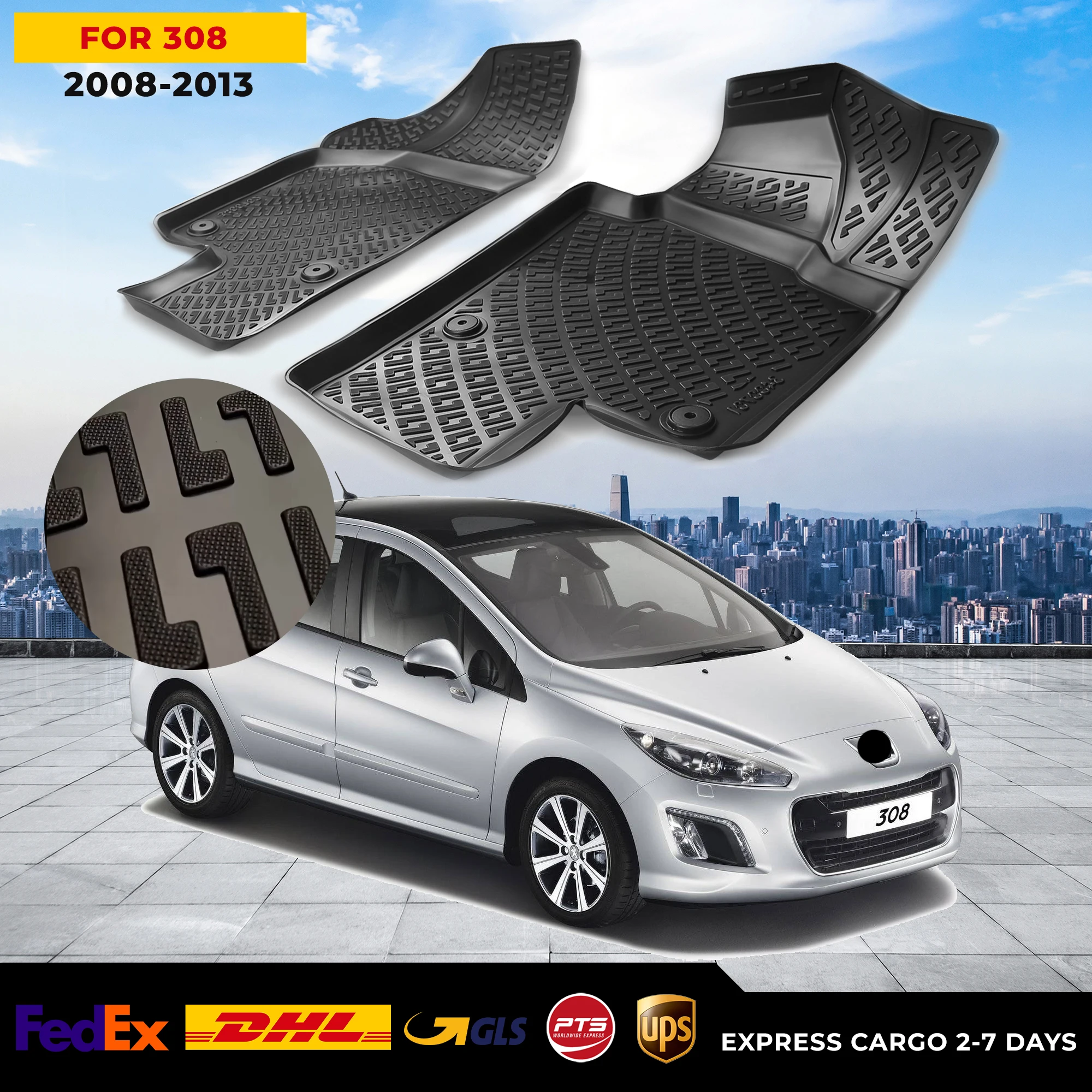 

3D Car Floor Liner For Peugeot 308 2008-2013 Waterproof Special Foot Pad Fully Surrounded Mat Accessories Rugs Non-slip