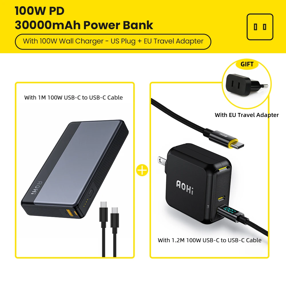 AOHI 30000mAh 100W Portable Laptop Power Bank with C-C Cable