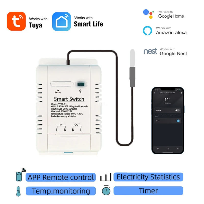 Wifi Tuya Smart Temperature Switch 16a 3000w With Power Monitor Rf433