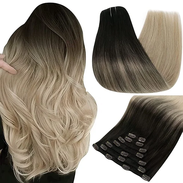 Full Shine Clip In Human Hair Extensions Balayage Ombre Blonde Black Hairpins 7pcs 120g Double Weft 100% Machine Remy For Woman 2 18 60