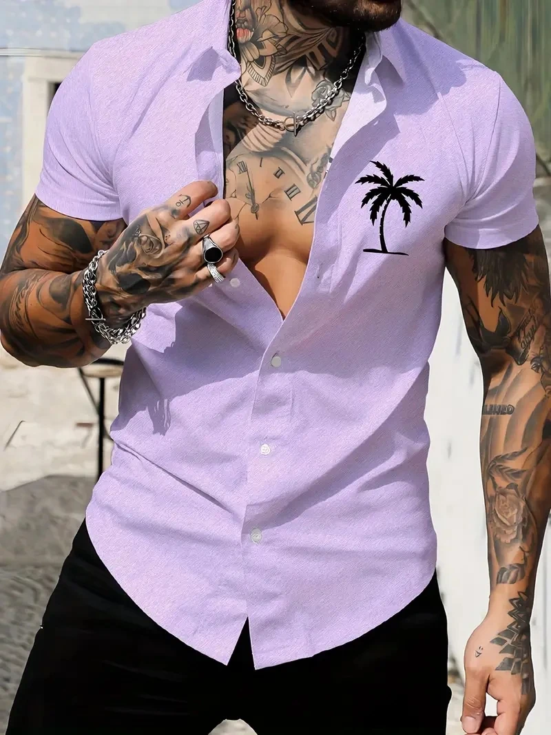 

Men's Hawaiian Shirts, Coconut Palm 3D Print Fashion Short Sleeve V-neck Button Down Shirts, Men's Summer Clothes