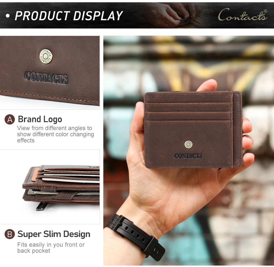 CONTACT'S Echtleder-Kartenetui Magic Wallet Slim Bifold RFID Herren Kleine Geldbörse mit Reißverschluss-Münzfach Mini-Geldbeutel Geldklammer – Detail 12