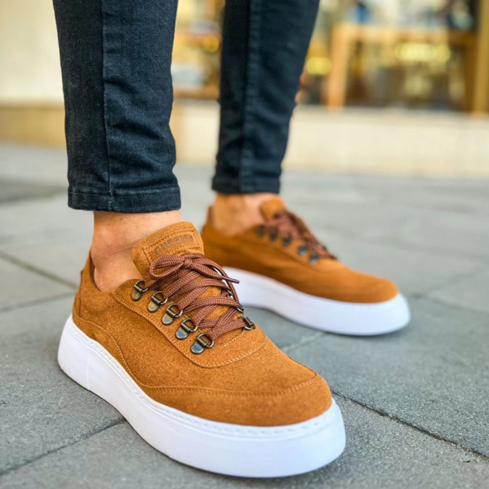 

FOH Store Sneakers for Men TAN Artificial Leather 2023 Spring Autumn Casual Lace Up Fashion Shoes High Base Sport Comfortable Light Vulcanized Daily Original Odorless Orthopedic Suits Office Wedding 319