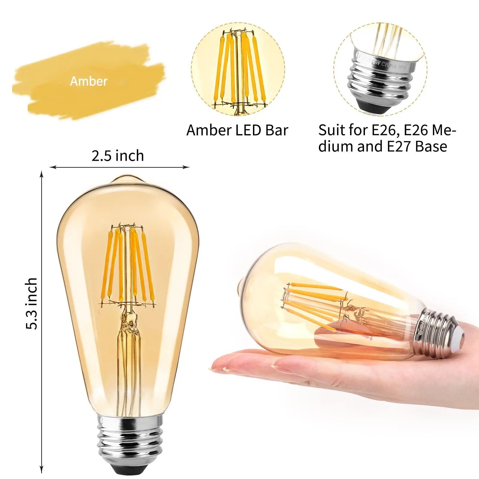 6pcs ST64 Dimmable LED Filament Light Bulb E27 220V 6W 2200K Amber