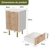 Набор из 2 прикроватных тумбочек, 3 ящика, металлических ручек, металлических ножек, идеально подходит для спальни или гостиной, белый и дерево. — изображение 2