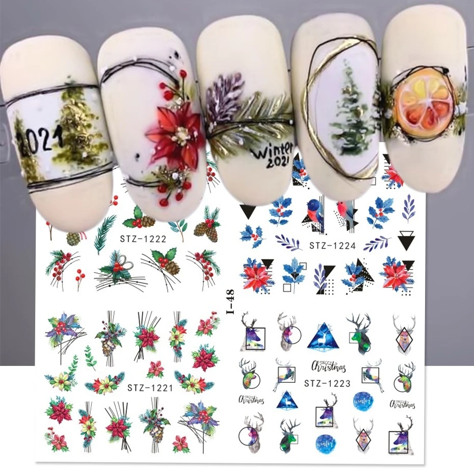 4 In 1 Xmas Flower Nail Stickers Snowflake Cartoon Bird Santa Penguin Elk Winter Decals Slider New Year Decor Manicure SAI44-49 nail stickers nail art decoration nail decals flower stickers