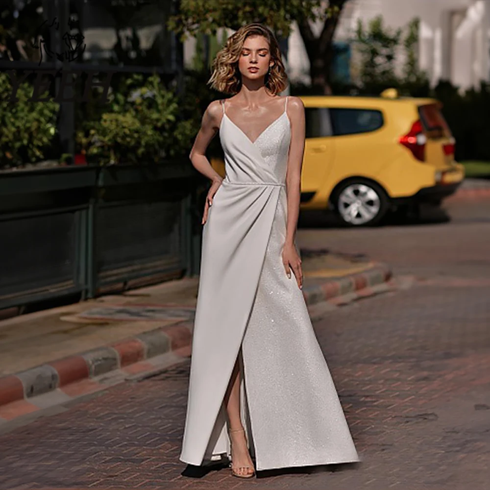 

YEEH Beach Wedding Dresses Sequin Spaghetti Straps V-Neck High Split Bridal Gown Simple Stain Floor Length Vestido De Novia