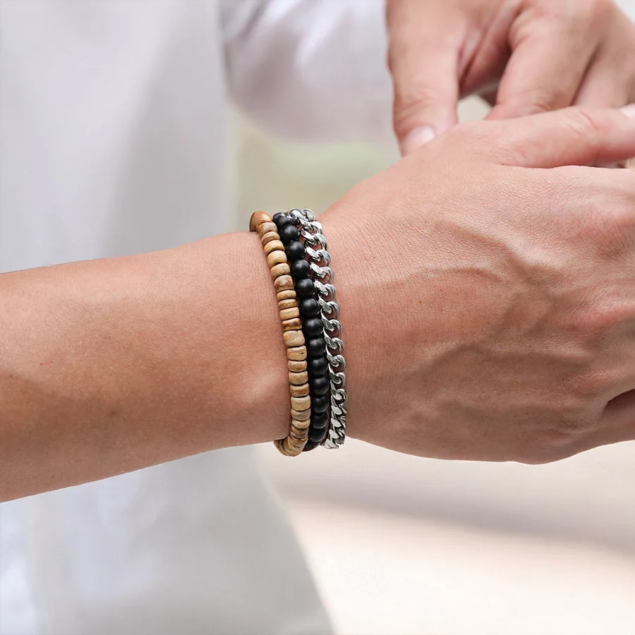 Men Stainless Steel Cuban Chain Link Bracelet with Coconut Husk