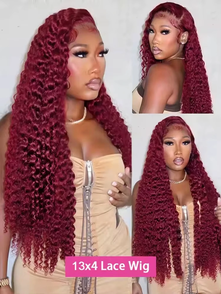 30 Inch13x4 99J Burgundy HD Lace Frontal Human Hair Wig Pre-Plucked Transparent Lace Red Curly Deep Wave Frontal Wig For Women 2