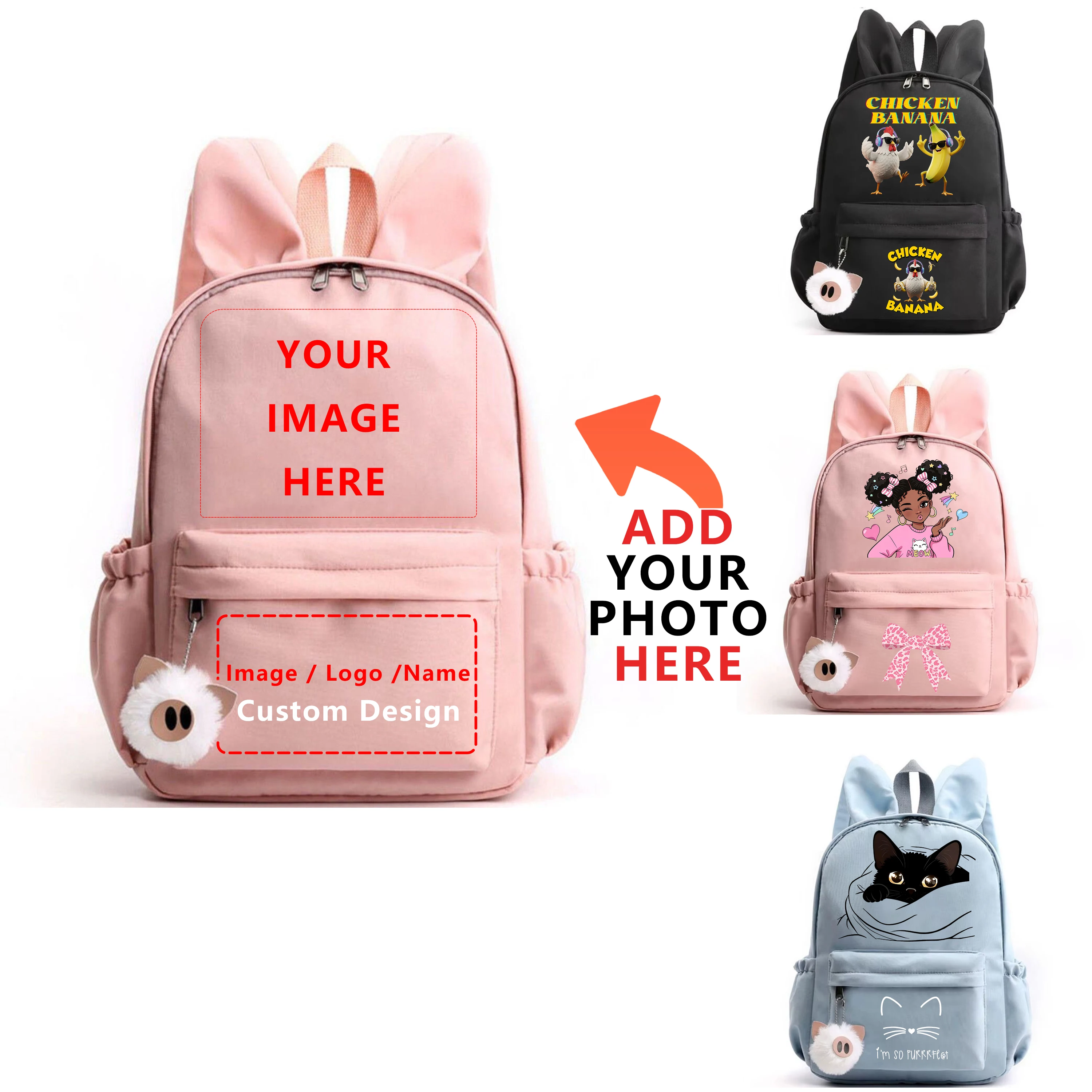 Customize Your Image/Name/Logo Luggage Backpack for Girls Boy Teenager Children Rucksack School Bag Travel Rabbit Ears Backpacks