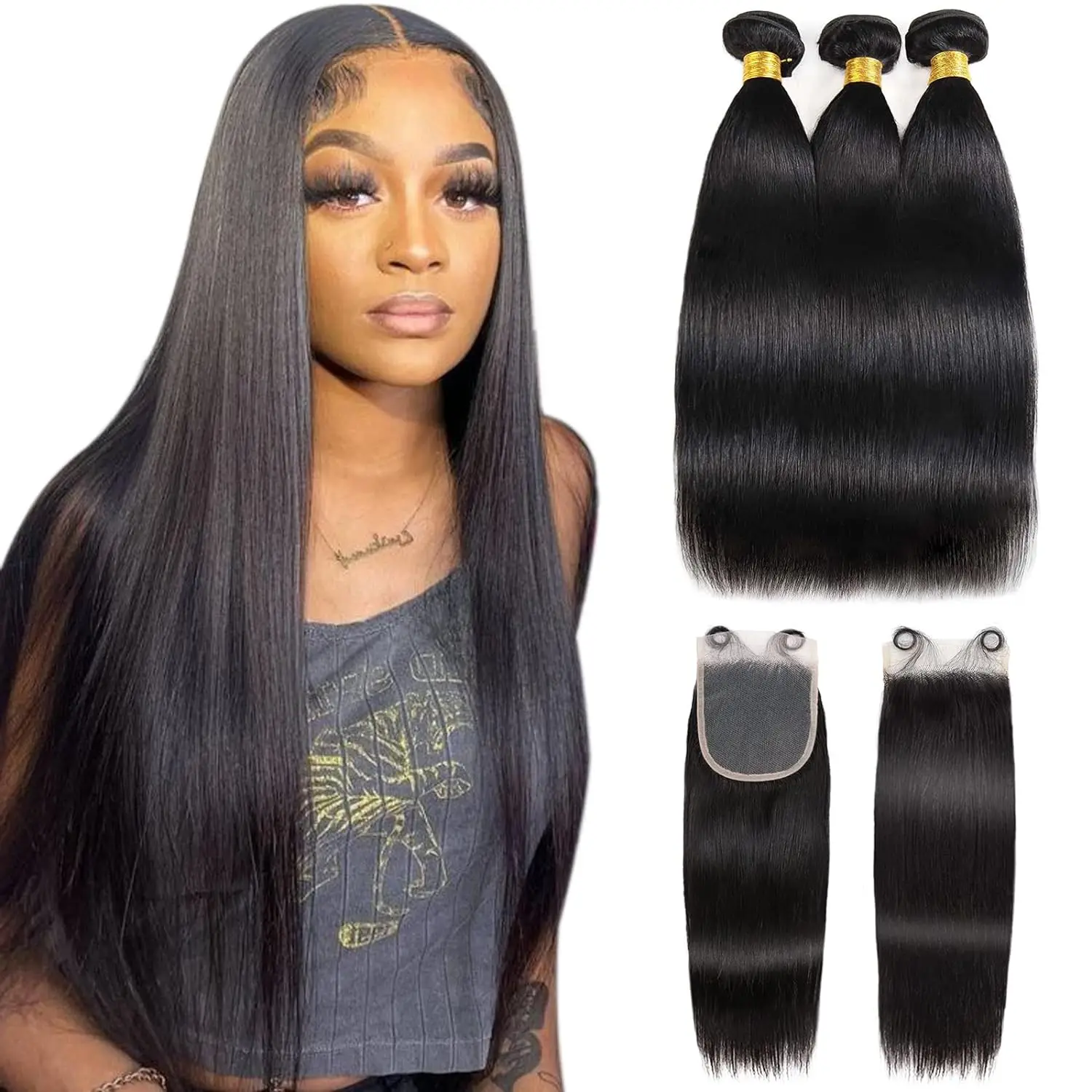 Straight Human Hair Bundles with Closure 100% Unprocessed Brazilian Human Hair 3 Bundles with Frontal 4x4 Closure with Baby Hair