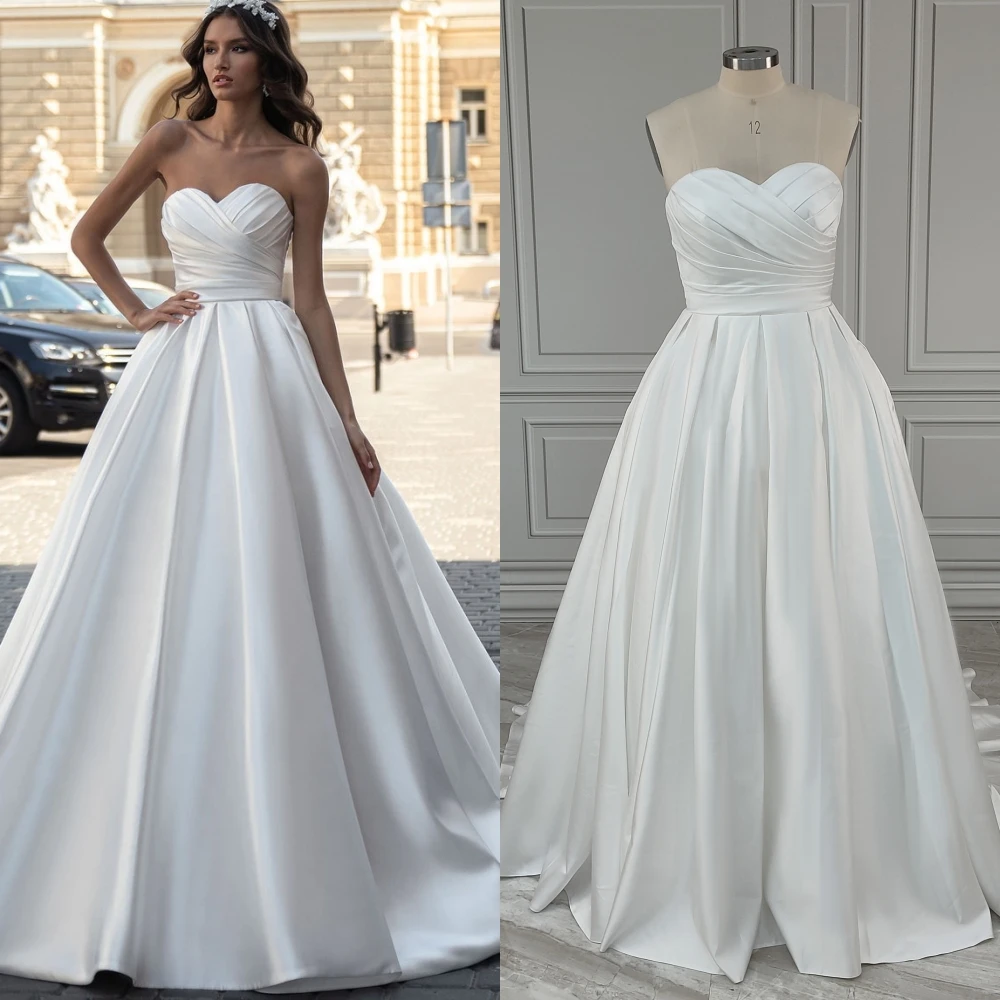 

11507# Real Photos Simple Boho Strapless Pleat Satin A-line Wedding Dress For Women Sweep Train Bride Gown Vestido de novia