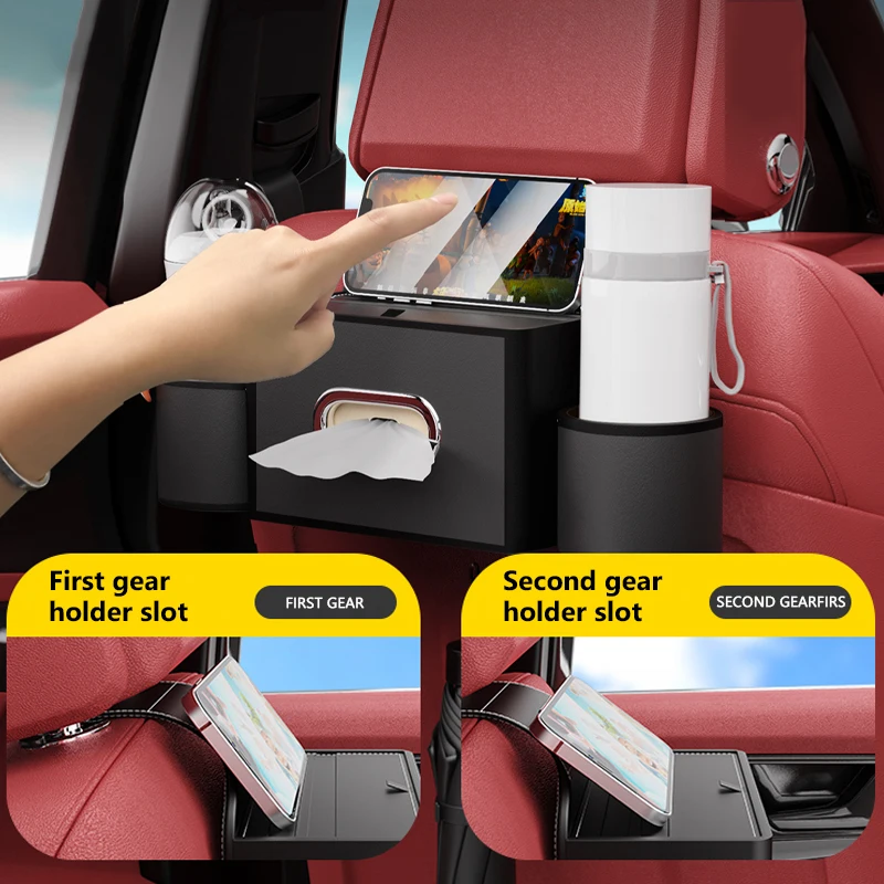 Car Seat Back Leather Storage Box with Tissue Holder and Phone Mount