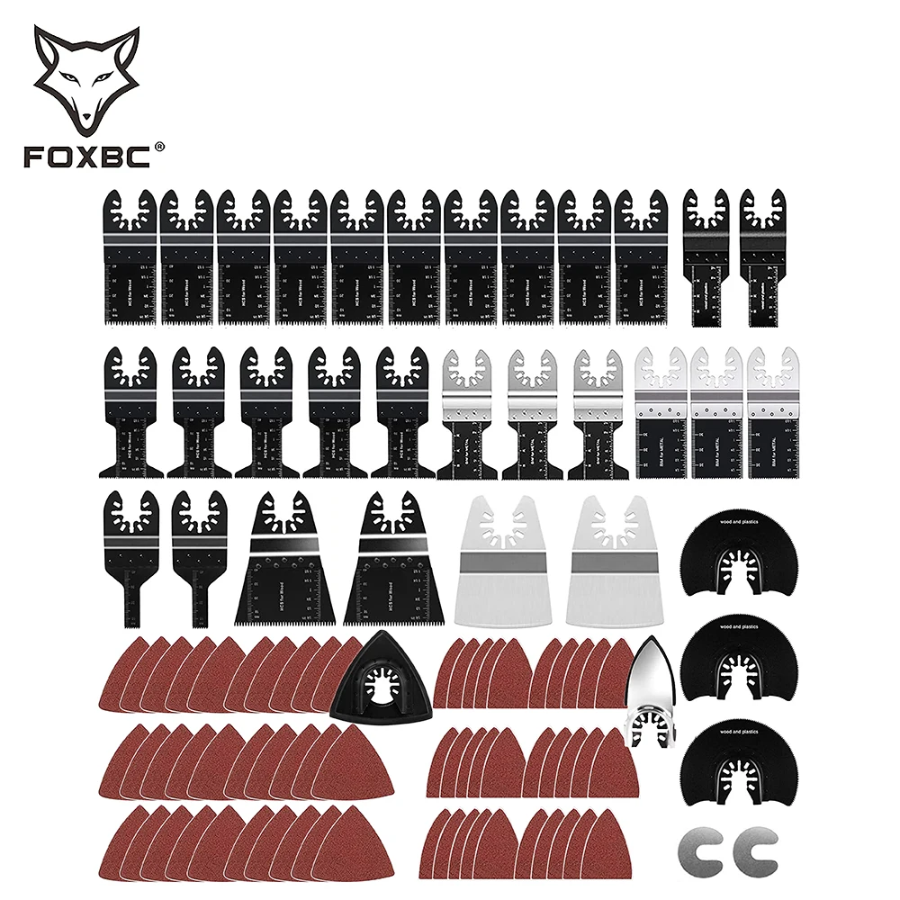 FOXBC 96 stücke Oszillierende Sägeblätter mit Schleifpapier für Holz Metall Kunststoff Quick Release Multi Tool Klingen Kits für Dewalt, makit