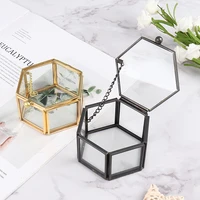 1PC 8*7*4.5cm Tranpartent Geometrical Glass Jewelry Box Hinged Top Lid  with Metal Chain Jewelry Organize Holder Ring Box 2