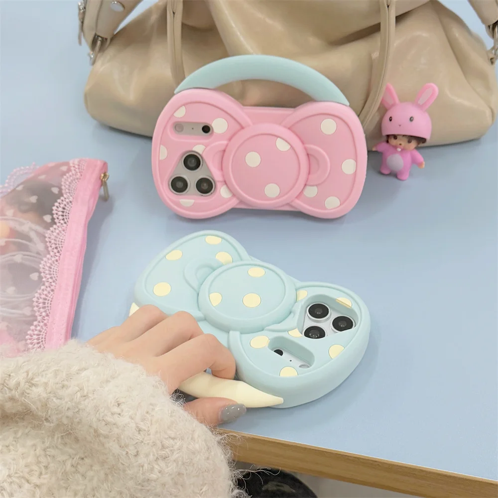 Chic 3D Bowknot Handbag Phone Case with Polka Dot Silicone Design - Shockproof Protection