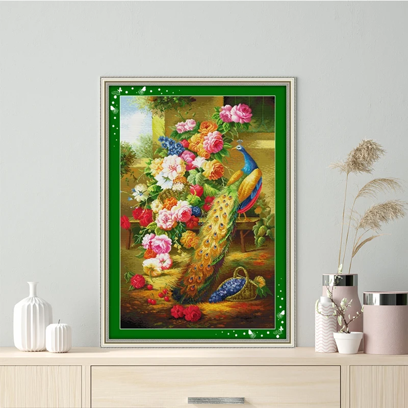 Cross Stitch Kit Beautiful peacock animal pattern cross stitch peacock flowers 11CT 14CT suite embroidery with Chinese characteristics