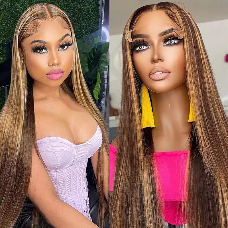 

Highlight Brown Straight 13X4 Lace Front Wig Human Hair Wigs For Women Lace Frontal Wig Pre Plucked Honey Blonde Colored Wigs