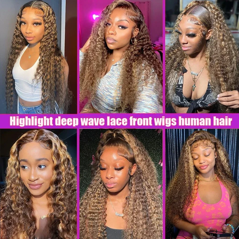 34 Inch Highlight Curly Wave Lace Front Wigs Human Hair 200% Density Deep Curly Human Hair Wig Pre Plucked P4/27 Ombre Lace Frontal Wigs With Baby Hair For Women 5