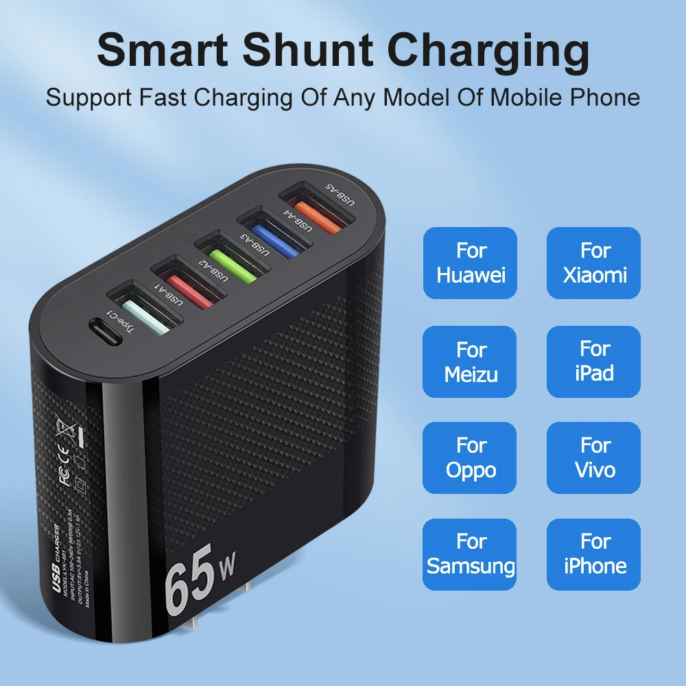 PD 65W Charger USB Type C 6 Ports Fast Charging Charger QC3.0 Power Adapter For iPhone15 14 Samsung S23 S22 Xiaomi Quick Charge